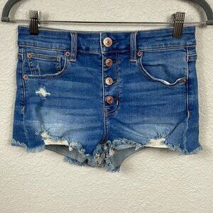 American Eagle Hi Rise Shortie Shorts Denim Jean Button Fly Distressed Cut Off 4